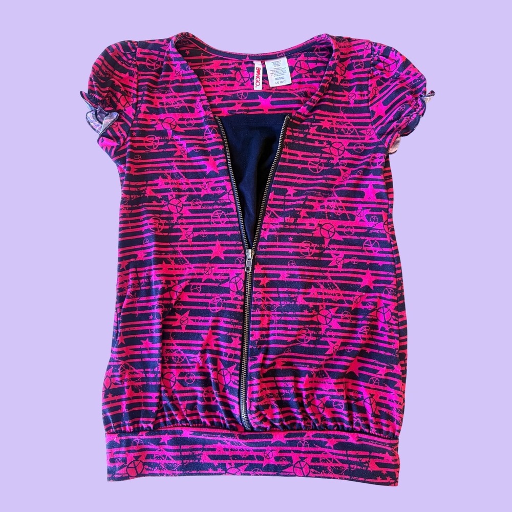 Y2K Bongo Pink Star Peace Sign Zip Front Puff Sleeve Top Scene Emo #19